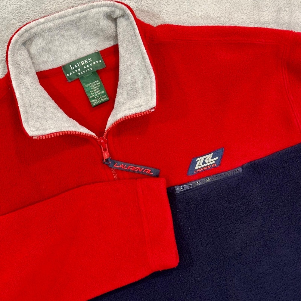 Vintage Lauren‎ Ralph Lauren Womens Petite Fleece 1/4 Zip Pullover Red Navy Blue